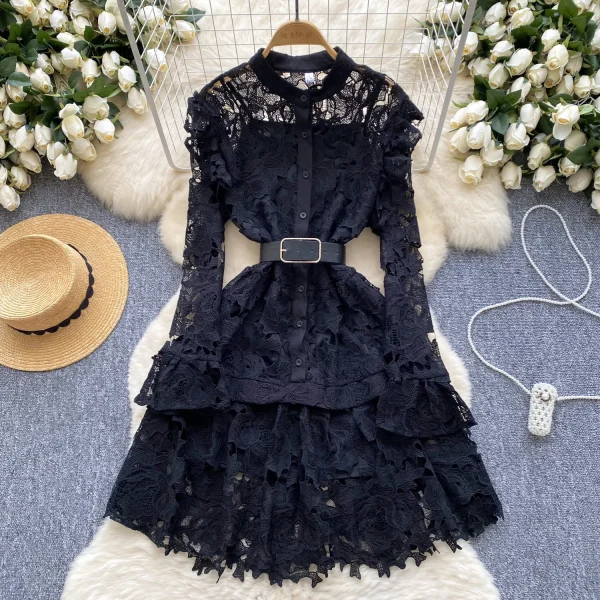 LE2644 Elegant Lace Midi Evening Dress Lady Autumn Retro Heavy Industry Hollow Lace Embroidery O-Neck Socialite Short Dress - Image 5