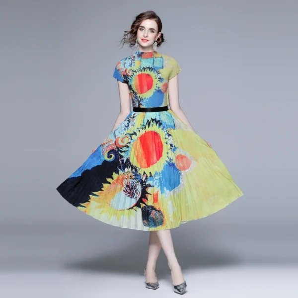 LE1245 in Stock Pleated Casual Suit Feminine Show Thin T-Shirt Skirt 2 Piece Set Printed Long Miyake Pleated Skirt - Image 2
