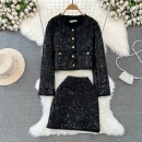 Heavy Handmade Sequins Womens Elegant Slim Tweed Two Piece Sets Vintage Coats+Wrap-Around Skirt Korean Woolen Chaquetas Chic Set