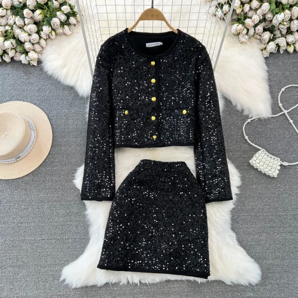 Heavy Handmade Sequins Womens Elegant Slim Tweed Two Piece Sets Vintage Coats+Wrap-Around Skirt Korean Woolen Chaquetas Chic Set