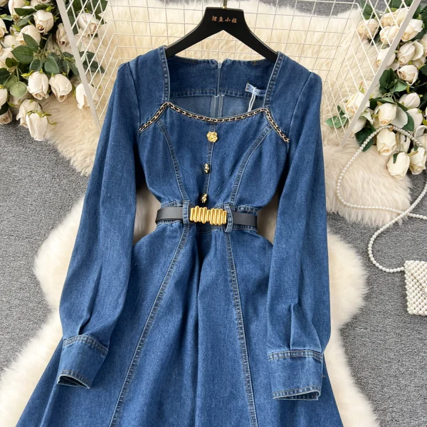LE2649 Ladies Boutique Denim Dresseses Female Square Neck Autumn Winter Midi Dress Woman Direct Long Dresses - Image 3