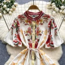 LE2630 Women Boutique Robe Lantern Short Sleeve Socialite Party Maxi Elegant Lady Dresses Hemp Belt Long Printed Dresses Autumn