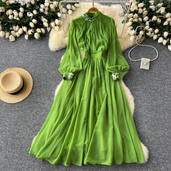 LE2579 Women Boutique Pleated Elegant Party Dresses Female Diamond-Embedded Lantern Long Sleeve Chiffon Evening Gown Women Dress - Image 3