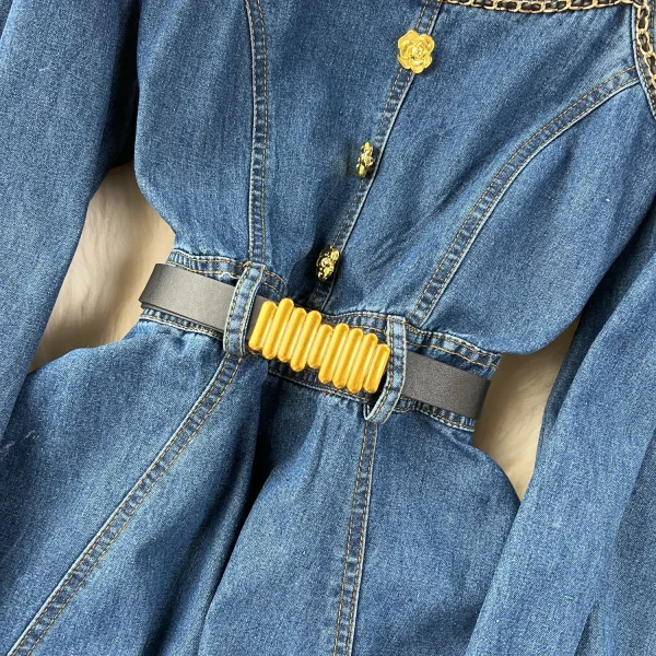 LE2649 Ladies Boutique Denim Dresseses Female Square Neck Autumn Winter Midi Dress Woman Direct Long Dresses - Image 4