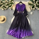LE2585 Vintage Gradient Printed Dresses 2025 Autumn Lantern Long Sleeve Pleated Dress Women Boutique Belted Midi Party Dresses
