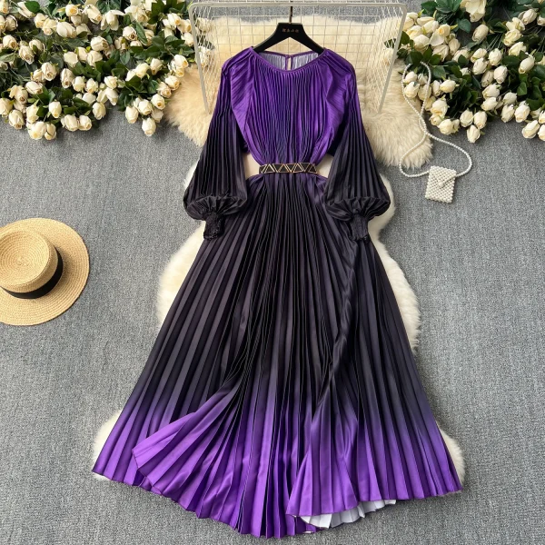 LE2585 Vintage Gradient Printed Dresses 2025 Autumn Lantern Long Sleeve Pleated Dress Women Boutique Belted Midi Party Dresses - Image 2