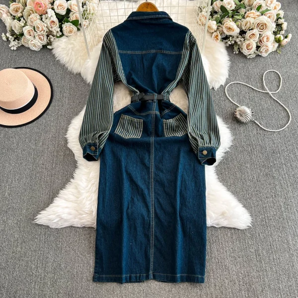LE2670 European Splicing Denim Dresses Women'S Boutique 2025 Autumn and Winter Foreign Office Shirt Dresses Women Lady Elegant - Image 2
