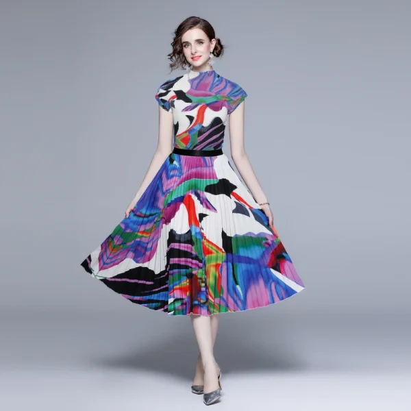 LE1244 in Stock Boutique Womens 2 Piece Sets High Quality Fabric Short-Sleeved Top Miyake Pleated Printed Long Pleated Skirt - Image 2