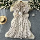 LE2625 Women's Luxury European Polka Dot Mesh Dresses Puffed Sleeves Sailor Collar Maxi Dress Sweet Clothes Socialite