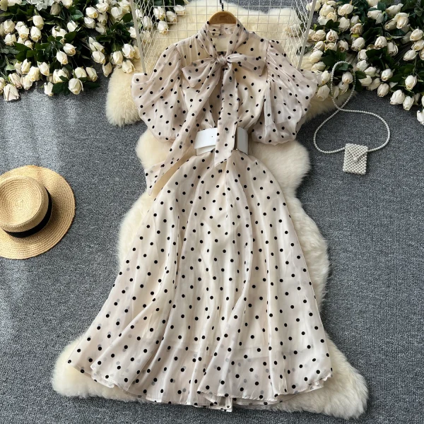 LE2625 Women's Luxury European Polka Dot Mesh Dresses Puffed Sleeves Sailor Collar Maxi Dress Sweet Clothes Socialite - Image 3