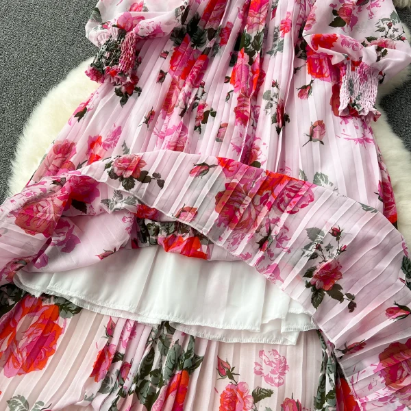 LE2608 Women'S Boutique Clothing Maxi Printed Dress Ethnic V-Neck Pleated Floral Chiffon Dresses Socialite Party Evening Dress - Image 3