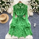 LE2644 Elegant Lace Midi Evening Dress Lady Autumn Retro Heavy Industry Hollow Lace Embroidery O-Neck Socialite Short Dress