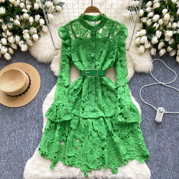 LE2644 Elegant Lace Midi Evening Dress Lady Autumn Retro Heavy Industry Hollow Lace Embroidery O-Neck Socialite Short Dress