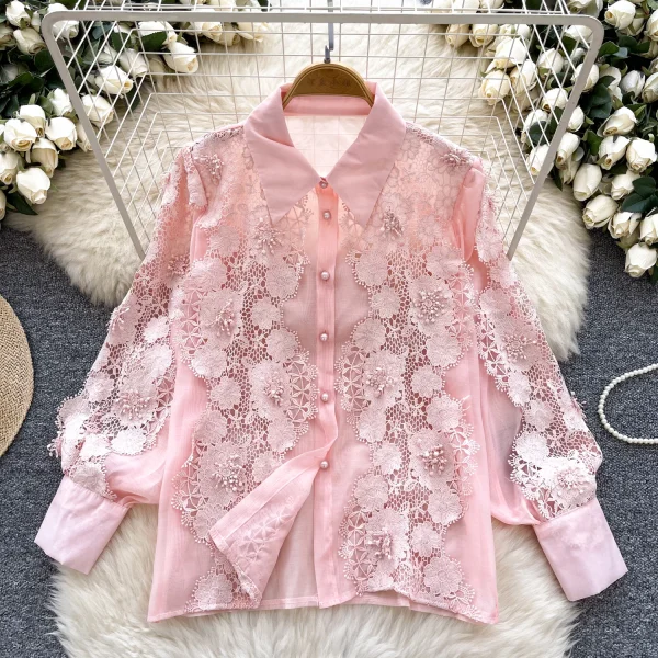 LW0746 Light Wind Minority Long-Sleeved Shirt Women'S Hollow Embroidery Lapel Slimming Women'S Blouses Elegant Women - Image 4