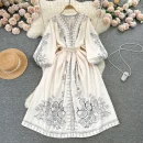 LE2586 Vintage Printed Dresses Autumn Lantern Long Sleeve V-Neck Holiday Dress Women Boutique Belted Midi Party Dresses Robe