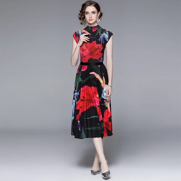 LE1278 Latest Miyake Pleated Casual Style Sets Floral Print Pleated T-Shirt and Printed Pleated Skirt Boutique Two Piece Sets - Image 4