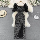 LE2659 Socialite Maxi Evening Dresses for Woman 2025 Autumn Bubble Short Sleeve Sequin Hip Wrap Dresses Elegant Party Long Dress