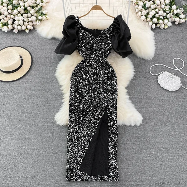 LE2659 Socialite Maxi Evening Dresses for Woman 2025 Autumn Bubble Short Sleeve Sequin Hip Wrap Dresses Elegant Party Long Dress - Image 3