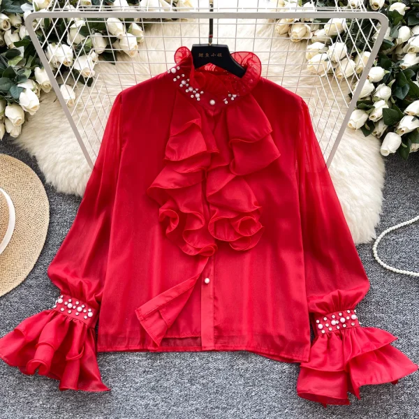LW0830 Light Luxury Collar Shirt Women'S Autumn Ruffled Edge Diamond Loose Temperament Tops For Women Casual