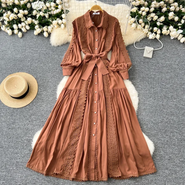 LE4780 Elegant Dress Female Fall Ladies Ladies Dress Niche High-Grade Lace Patchwork Single Breasted Waist Over Knee Dress - Image 5