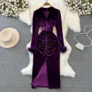 LE2661 Autumn Socialite Midi Evening Dresses Woman Femininity Dinner Dress Velvet Pleated Slit Cover Hip Canary Dresses Female