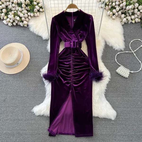 LE2661 Autumn Socialite Midi Evening Dresses Woman Femininity Dinner Dress Velvet Pleated Slit Cover Hip Canary Dresses Female