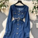 LE2650 Ladies Boutique Denim Dresseses Female Korean Long Sleeve Autumn Winter Midi Dress Woman Direct 2025