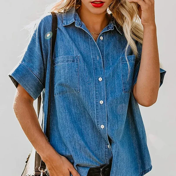 Summer Casual Loose Fashion Denim Tops Long Sleeve Lapel Simple Pocket Blouse Women Denim Shirt - Image 6