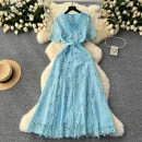 LE2619 2025 Autumn Vintage Hollow Hook Flower Lace Dresses Women Elegant Women'S Boutique Women'S Boutique Socialite Long Dress