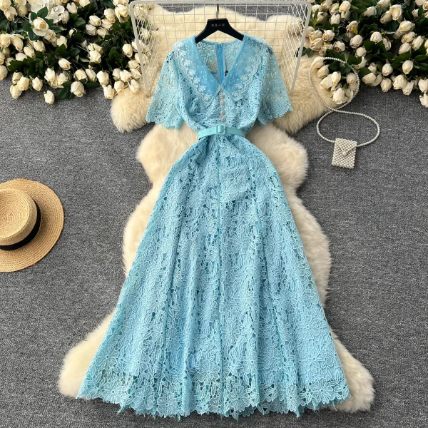 LE2619 2025 Autumn Vintage Hollow Hook Flower Lace Dresses Women Elegant Women'S Boutique Women'S Boutique Socialite Long Dress - Image 4