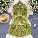 LE2644 Elegant Lace Midi Evening Dress Lady Autumn Retro Heavy Industry Hollow Lace Embroidery O-Neck Socialite Short Dress