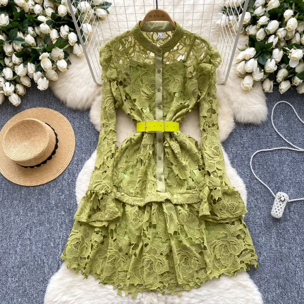 LE2644 Elegant Lace Midi Evening Dress Lady Autumn Retro Heavy Industry Hollow Lace Embroidery O-Neck Socialite Short Dress - Image 6