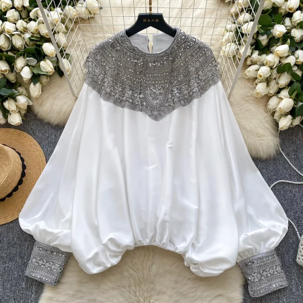 LW0826 Blouse Woman High-End Foreign Style Heavy Industry Nailed Bead Glitter Loose Slimming Satin Top Woman Blouses For Lady - Image 2