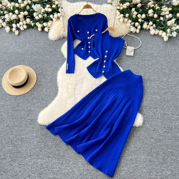 LE0097 Small Fragrant Wind Wear Women'S Three-Piece Vest Metal Buckle Long Sleeve Knitted Cardigan Skirt - Image 4