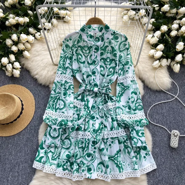LE2578 Blue and White Print Mini Elegant Dresses Female Stand Collar Pearl Single Breasted Lace Women'S Boutique A-Line Dresses - Image 3