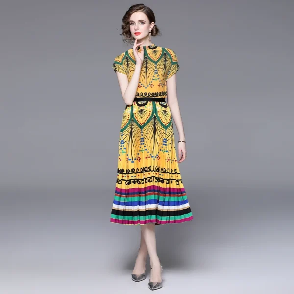 LE1357 Original Design 2025 Dressy Print Miyake Ruffle Elegant Fashion 2 Piece Set High Stretch Loose Top Pleated Skirt Set - Image 2
