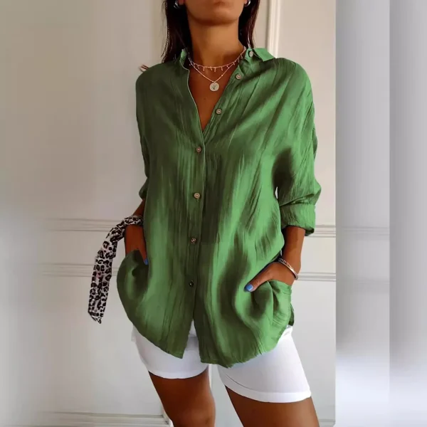 New Single-breasted Pleated Lapel Shirt Ladies Solid Colour Blouse - Image 3