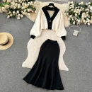 LE1819 High Quality Ladies' Party Knitting Two-Piece Demure Women'S Suit Color Knitting Cardigan + Fishtail Skirt Two-Piece Set