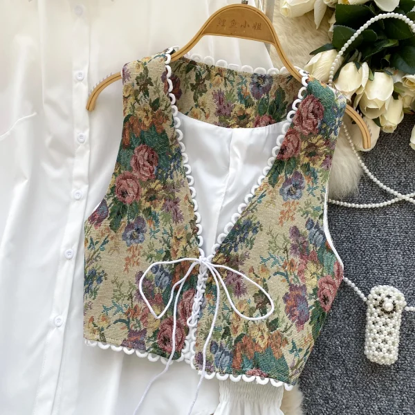 LW0749 Women'S Drawstring Waistline Jacquard Waistcoat With Puff Sleeves Stylish Shirt Blouses Elegant Women Ladies - Image 6