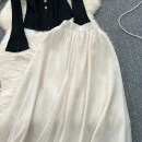 LE2084 French Retro Early Spring Wear Set Sweet Ruffled Top Color Contrast Chiffon Skirt Two-Piece Set