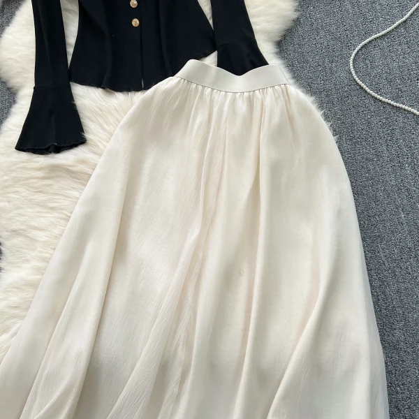 LE2084 French Retro Early Spring Wear Set Sweet Ruffled Top Color Contrast Chiffon Skirt Two-Piece Set - Image 4