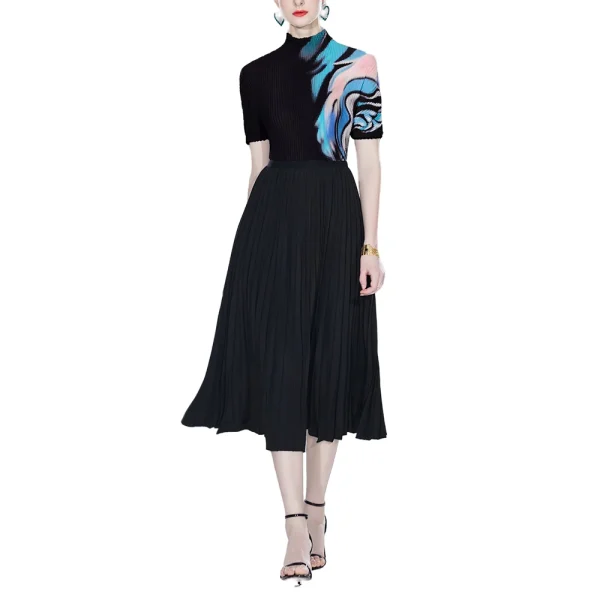 LE1256 Print Miyake  Pleated Short-sleeved T-shirt Loose Elastic Long Skirt 2 Piece Set High Quality Fabric Women's Sets - Image 5