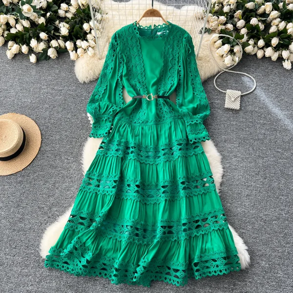 LE2618 2025 Autumn Lace Dresses Women Elegant Vintage Long Sleeve O-Neck Waist Slim A-Line Hollow Lace Women'S Dress - Image 3