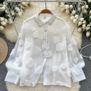 LW0652 Heavy Nail Bead Three-Dimensional Flower Mesh Shirt Women Loose Long Sleeve Blouses Elegant Women
