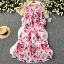 LE2608 Women'S Boutique Clothing Maxi Printed Dress Ethnic V-Neck Pleated Floral Chiffon Dresses Socialite Party Evening Dress