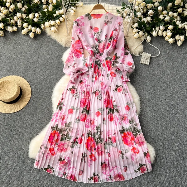 LE2608 Women'S Boutique Clothing Maxi Printed Dress Ethnic V-Neck Pleated Floral Chiffon Dresses Socialite Party Evening Dress - Image 2