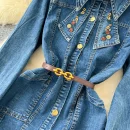 LE2669 French Retro Design Office Woman Denim Dresses Embroidery Lapel Waist Slimmer Single-Breasted Denim Midi Dress Women 2025