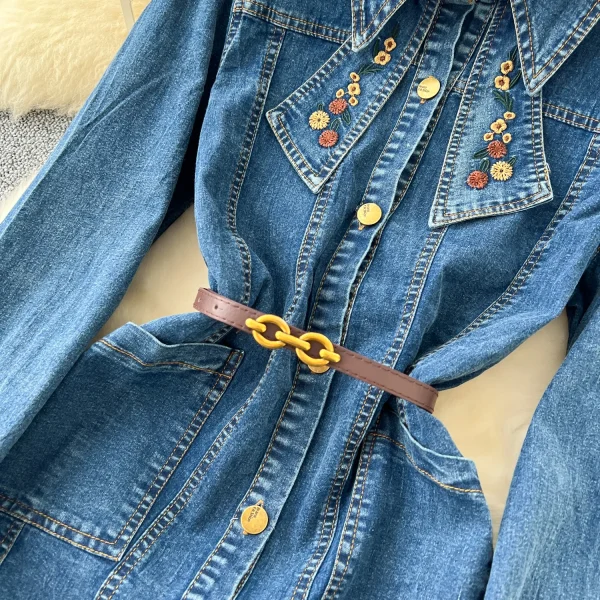 LE2669 French Retro Design Office Woman Denim Dresses Embroidery Lapel Waist Slimmer Single-Breasted Denim Midi Dress Women 2025 - Image 4