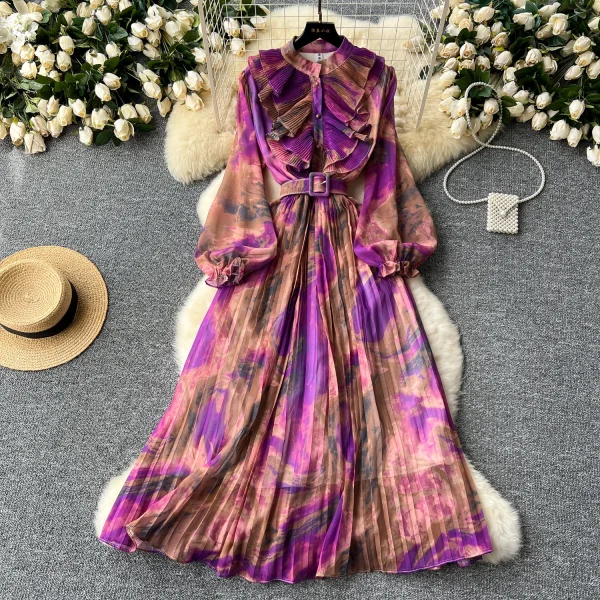 LE2639 Oil Print Midi Dress Lady French Vintage Elegant Dress Women'S Plicated Splicing Long Sleeve Waist Print Chiffon Dresses - Image 2