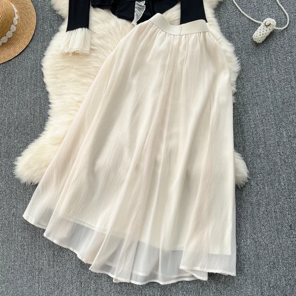 LE2085 Wear a Set of Women Sweet Wooden Ear Edge Color Shirt With High-Waisted Chiffon Skirt French Two-Piece Set - Image 5